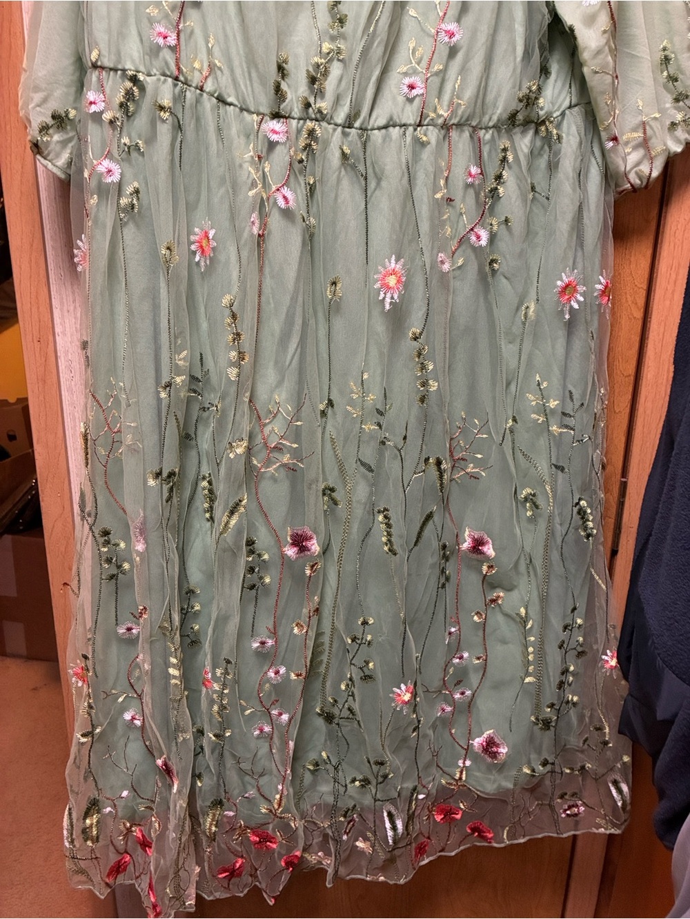 Embroidered Sage Green Kids Dress with Floral Detail